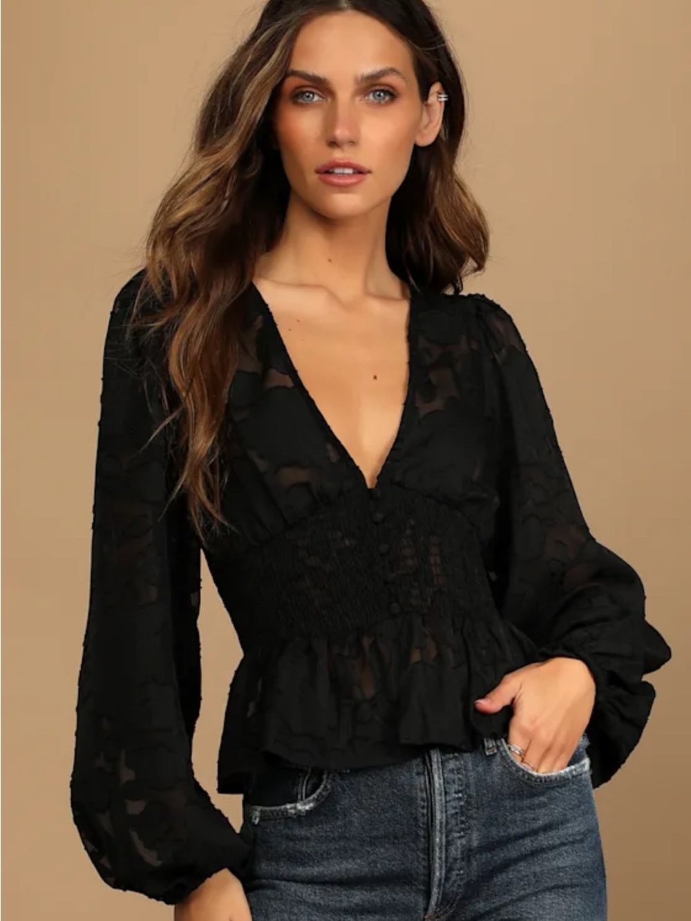Lulus Patio Date Black Floral Jacquard Button-Up Long Sleeve Top